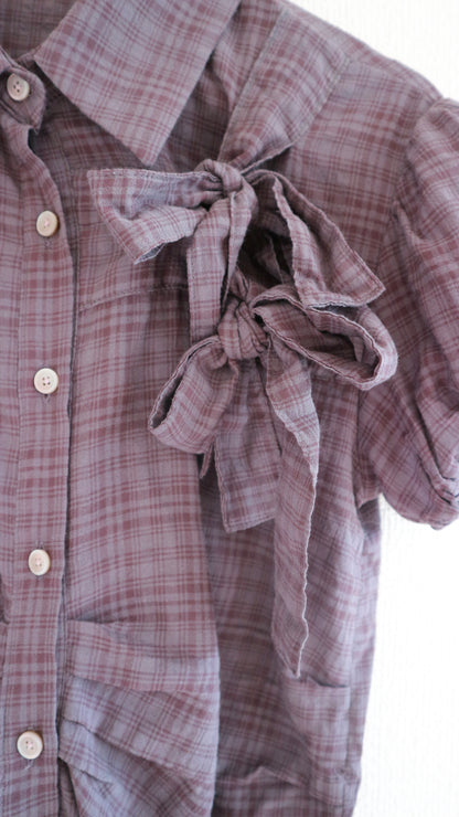 Ribbon puff check shirts (wine)