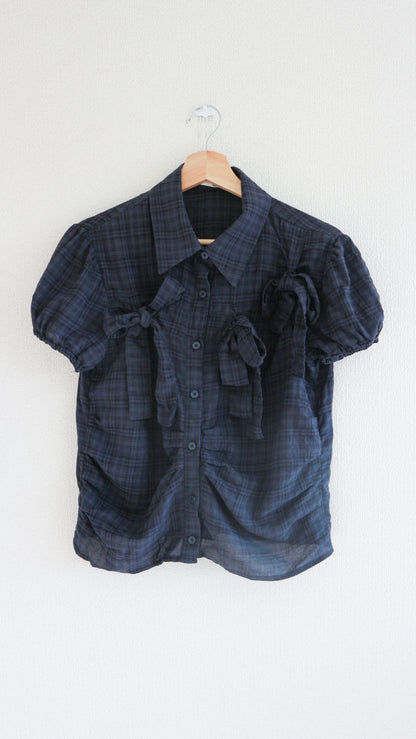 Ribbon puff check shirts (navy)