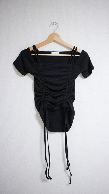 String shirring off shoulder top (black)