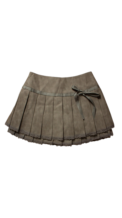 Ribbon pleated leather skirt (brown)