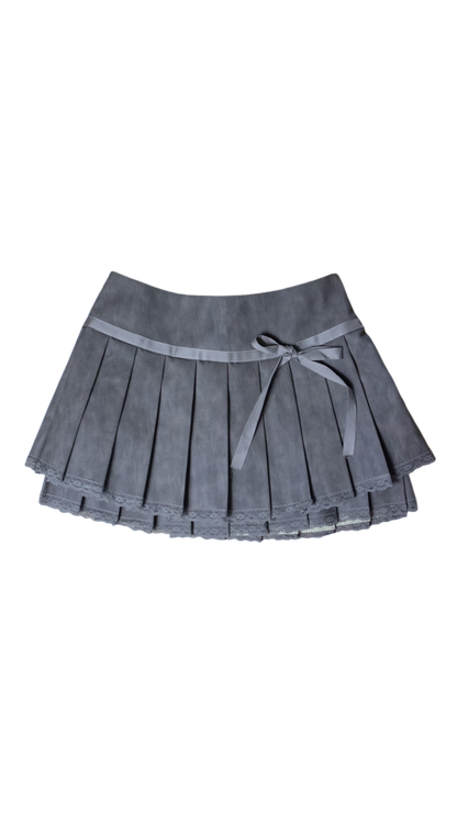 Ribbon pleated leather skirt (gray)