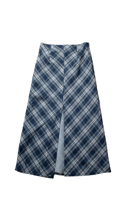 Navy check long skirt